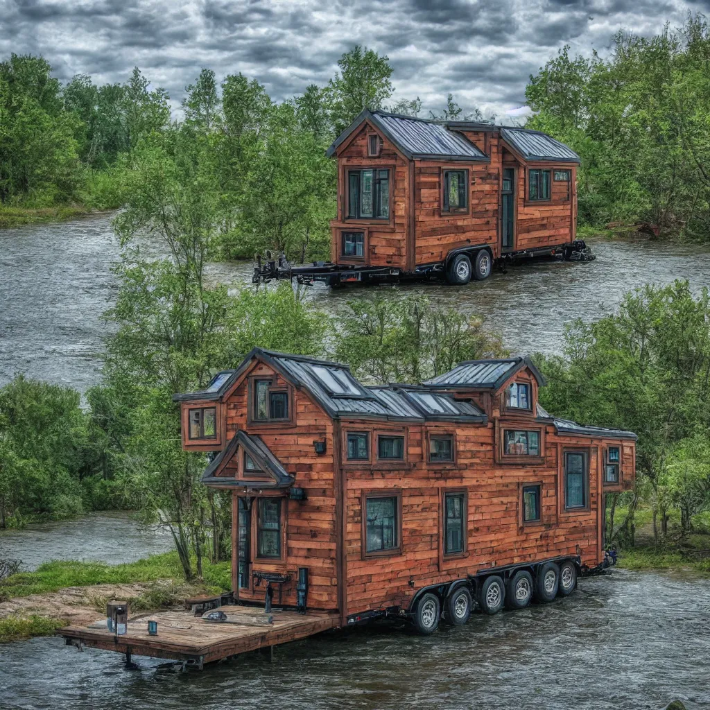 Prompt: tiny house, river, steampunk, 8k, realistic, high definition, 10 bit colour, hdr