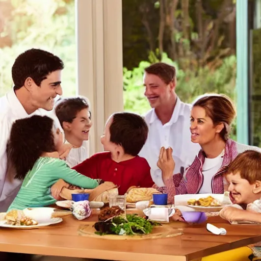 Image similar to an image of a large traditional family sitting around the table for dinner but one of the kids is floating above the table, perfect faces