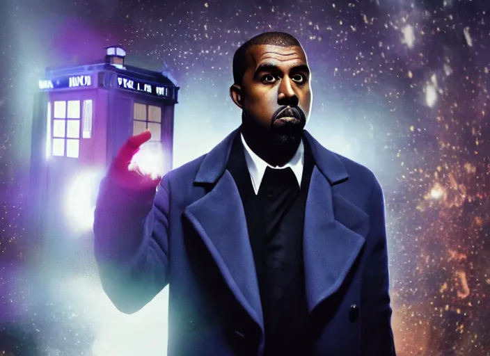 Prompt: kanye west as the doctor! with bowtie! in doctor who, doctor who, tardis!! tardis!! movie still, detailed face, cinematic lighting, ray tracing, octane render, long lens, shallow depth of field, bokeh, anamorphic lens flare, 8 k, hyper detailed, 3 5 mm film grain