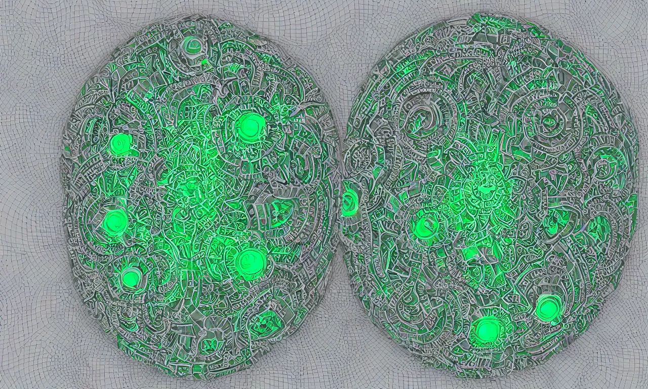 Image similar to mandrelbot 3 d volume fractal mandala ceramic chakra digital color stylized an ancient white bone and emerald gemstone relic, intricate engraving concept 3 d point lighting substance patern natural color scheme
