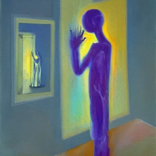 Image similar to a painting of a ethereal ghost standing close to camera in the style of alberto giacometti, acrylic, twilight, glows, detailed,