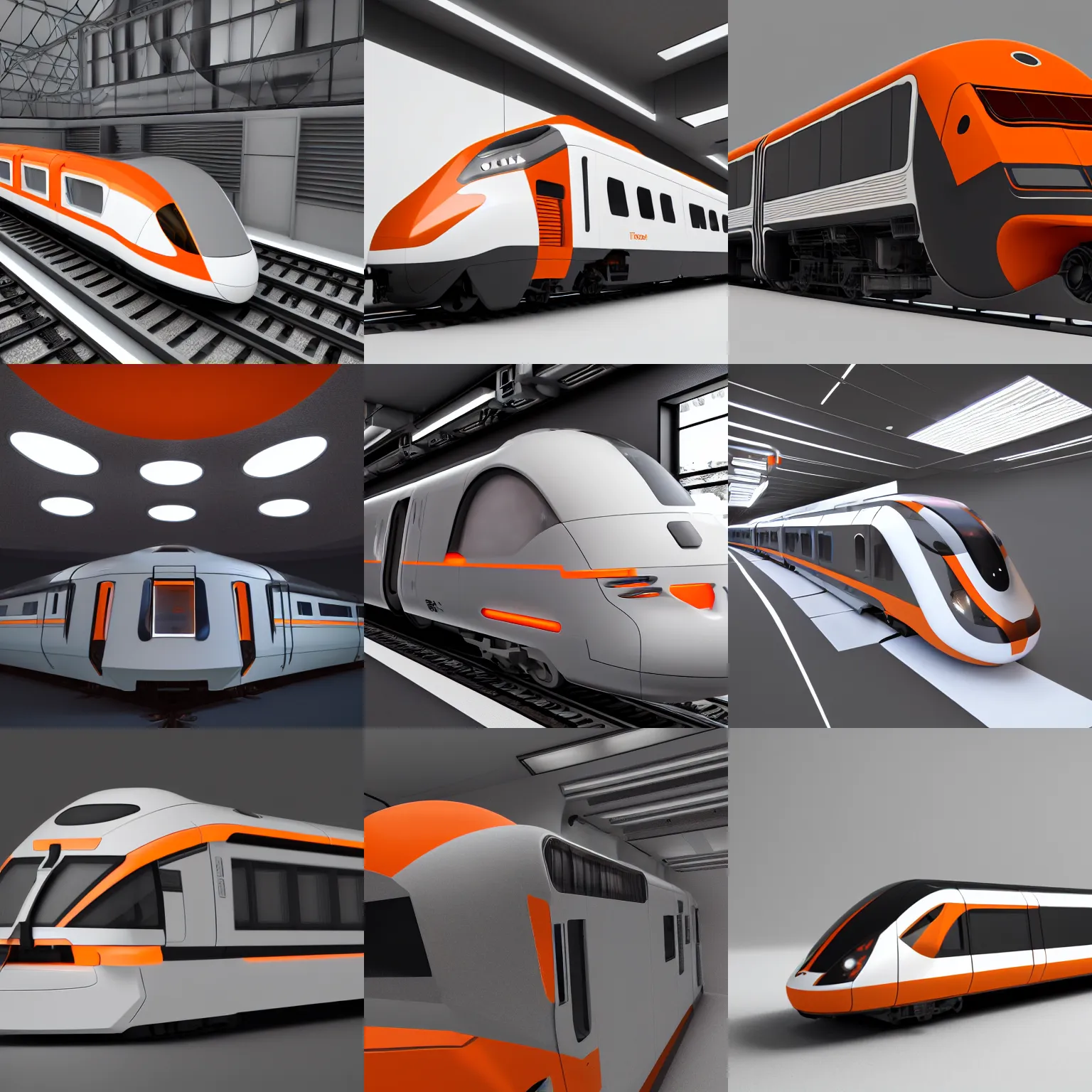 Prompt: cad render of futuristic train, ( ( parametric solid works ) ), ( design by apple ), studio photo, studio lights, white and grey, orange details, octane render