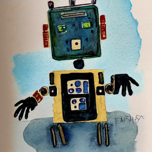 Image similar to a children's book watercolor illustration of a broken robot