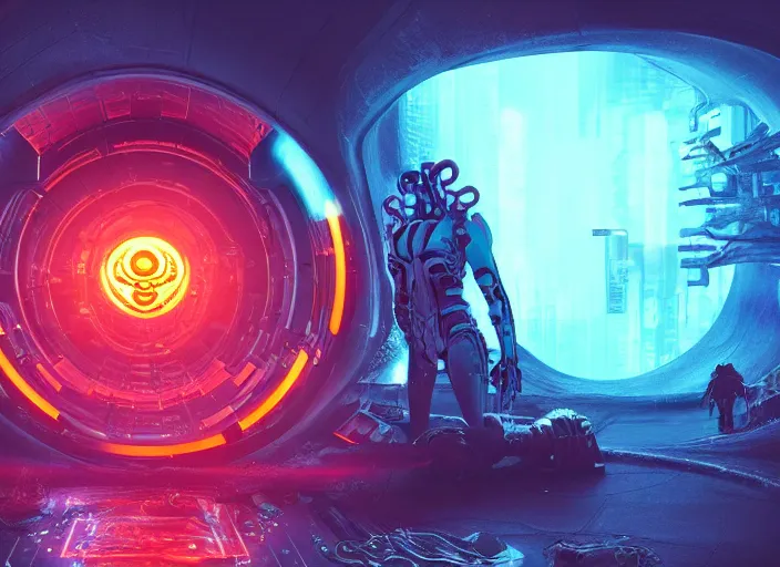 Image similar to a futuristic skull with glowing eyes and a wormhole tunnel, cyberpunk art by ross tran, behance contest winner, computer art, darksynth, synthwave, rendered in cinema 4 d