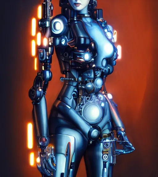 Image similar to ultra realistic full shot of a beautiful cyborg girl with mechanical arms, cyberpunk, sci - fi, fantasy, kodak, colour led, soft light, volumetric lighting, night, intricate, elegant, highly detailed, digital painting, artstation, concept art, smooth, sharp focus, illustration, art by artgerm and greg rutkowski and alphonse mucha