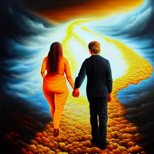 Image similar to photo of a couple walking hand in hand, in heaven and hell at the same time, realistic oil painting, hell in the bottom, heaven in the top, very detailed