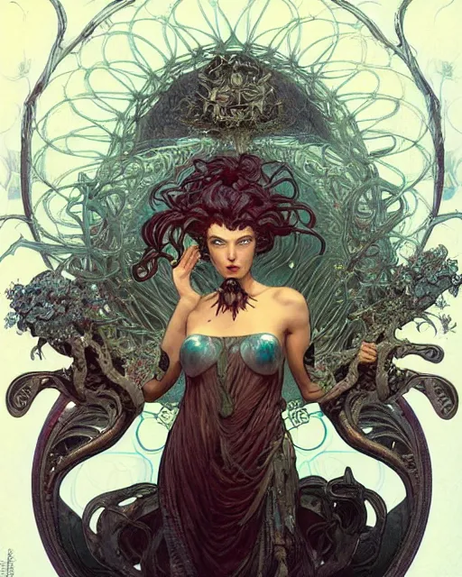 Image similar to centered portrait of a angry rotten beautiful female growing ornamentation all around, ornate, ornaments, detailed, symmetrical, elegant, beautifully soft lit, by wayne barlowe, peter mohrbacher, kelly mckernan, alphonse mucha