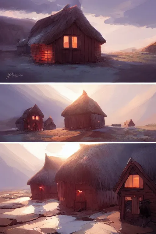 Image similar to wooden houses in an viking village on the icelandic coast , official fanart behance hd artstation by Jesper Ejsing, by RHADS and Makoto Shinkai and Lois van baarle and ilya kuvshinov and rossdraws