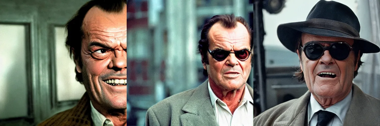 Prompt: close-up of Jack Nicholson as a detective in a movie directed by Christopher Nolan, movie still frame, promotional image, imax 70 mm footage