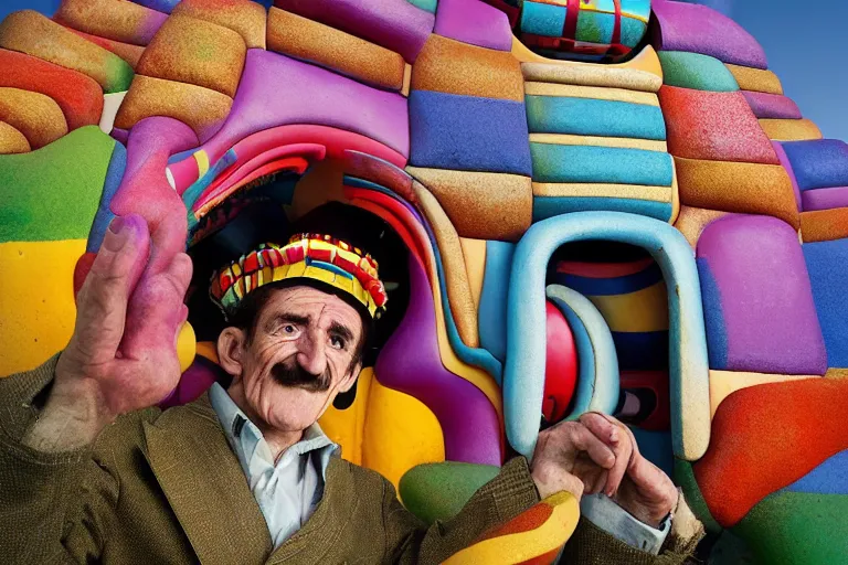 Image similar to Barry Chuckle as neo-Andean architecture by Freddy Mamani, realistic human-building hybrid