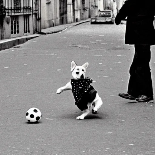 Image similar to a french boy on the streets of paris playing football against a corgi, the dog is wearing a polka dot scarf, book illustration, 1 9 6 6