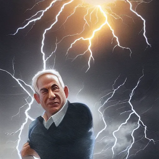 Prompt: benjamin netanyahu shooting lightning bolts with his hands like zeus, highly detailed, by artgerm and greg rutkowski