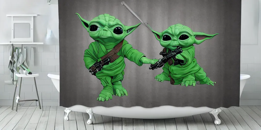 Image similar to a ( ( ( ( ( mando mandalorian ) ) ) ) ) baby yoda playing and running themed shower curtain, shower curtain. product photography. product lighting. digital art. 4 k, highly detailed. saturated. photorealistic.