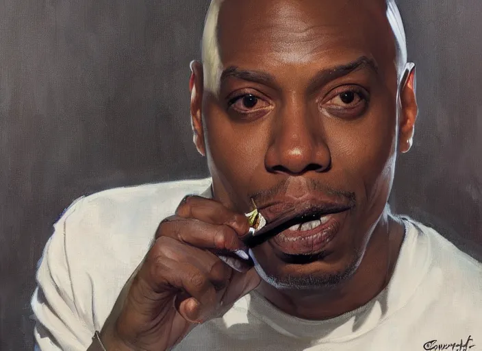 Image similar to a highly detailed beautiful portrait of dave chappelle smoking weed by gregory manchess, james gurney, james jean