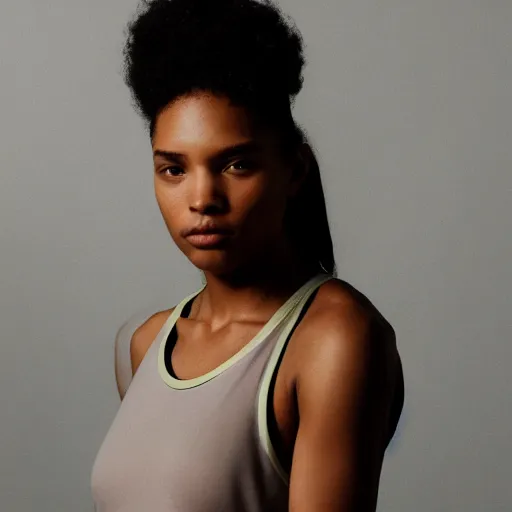 Image similar to realistic photoshooting for a new nike lookbook color film photography portrait of a beautiful woman model wearing a taupe pelagia tank top, photo in style of tyler mitchell