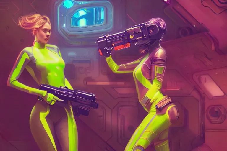 Image similar to Exhausted good looking young women wearing neon coloured armour suit in a space station pointing gun at viewer, elegant, intricate, retrofuturistic digital painting, artstation, concept art, smooth, sharp focus, illustration, art by artgerm and greg rutkowski and alphonse mucha