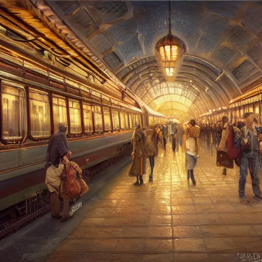 Image similar to train station for spirits and souls, detailed, centered, digital painting, artstation, concept art, donato giancola, joseph christian leyendecker, wlop, boris vallejo, breathtaking, 8 k resolution, extremely detailed, beautiful, establishing shot, artistic, hyperrealistic, beautiful face, octane render, cinematic lighting, dramatic lighting, masterpiece