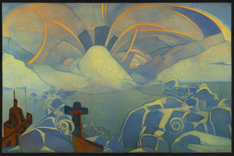 Image similar to the wake of the unseen object,by Nicholas Roerich and Adolf Wölfli, symbolist, dramatic lighting, elaborate geometric ornament, Art Brut, smooth, sharp focus, extremely detailed