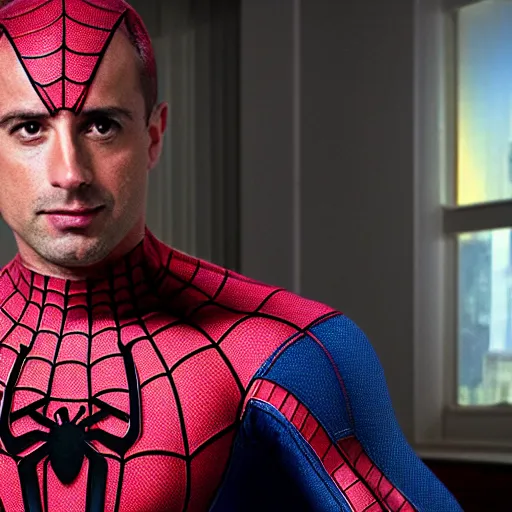 Prompt: freddie prinze jr. as spider man 8 k resolution, cinematic lighting, anatomically correct, realistic a scene from the film