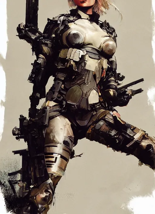 Image similar to Margot Robbie wearing metal gear armor holding rifle dramatic lighting art by Yoji Shinkawa by Richard Schmid by greg rutkowski by Sandra Chevrier by Jeremy Lipking cinematic dramatic