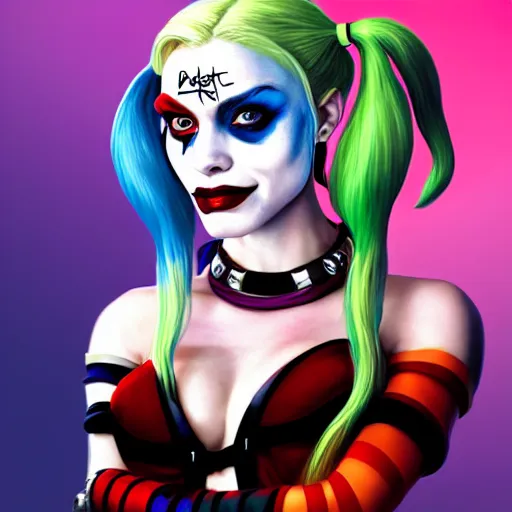 Image similar to Harley Quinn from the suicide squad, portrait, playful, fantasy, medieval, beautiful face, vivid colrs, elegant, concept art, sharp focus, digital art, Hyper-realistic, 4K, Unreal Engine, Highly Detailed, HD, Dramatic Lighting by Brom, trending on Artstation