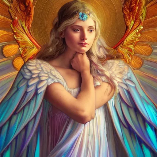 Prompt: Portrait of beautiful young female archangel girl maiden angel wearing flowing robes, long cyan hair, luminescent blue eyes, vivid colors, colorful, photorealistic, high dynamic range, HDR, intricate, elegant, highly detailed, digital painting, artstation, concept art, smooth, sharp focus, illustration, art by artgerm and greg rutkowski and alphonse mucha and andrei riabovitchev