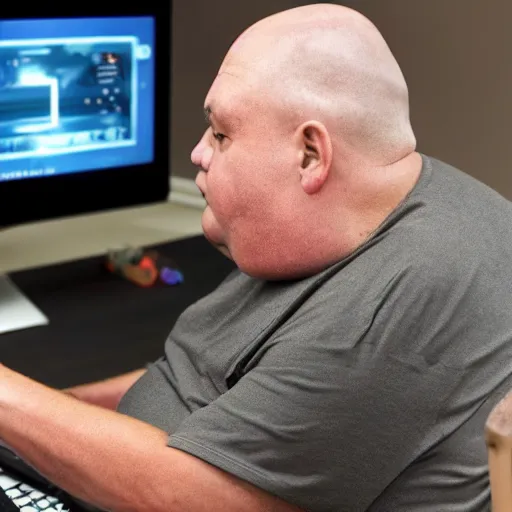 Prompt: an overweight old man playing an FPS game on his computer