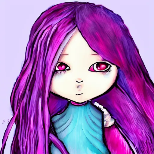 Image similar to little girl with eccentric pink hair wearing a dress made of purple feather, art by dcwj