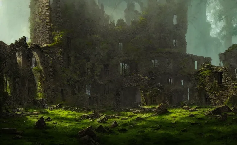 Image similar to ruins of an old castle covered by plant and moss with moody and cinematic lighting by greg ruthkowski and craig mullins and caspar david friedrich, concept art, artstation, trending on artstation