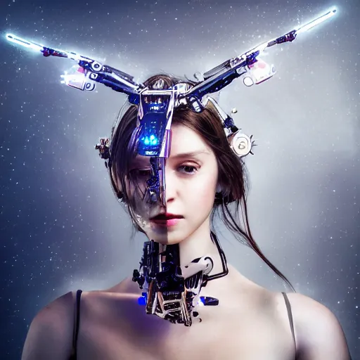 Prompt: beautiful centered fine art photo portrait of graceful girl with solarpunk mecha humanoid parts with led lights, serpentine pose gesture, photorealistic, white background, highly detailed and intricate, soft box lighting, shallow depth of field hdr 8 k