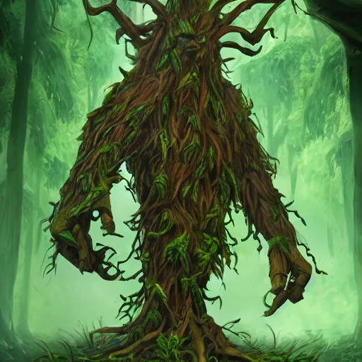 Image similar to giant green old treant creature, treant made of leaves and roots, old treant, old humanoid ents, epic fantasy style, green theme, forest background, hearthstone artwork