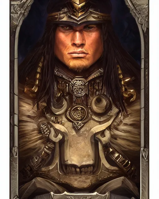 Prompt: digital painting of incan lancer, by filipe pagliuso and justin gerard, symmetric, fantasy, highly detailed, realistic, intricate, portrait, sharp focus, tarot card, face, handsome, peruvian