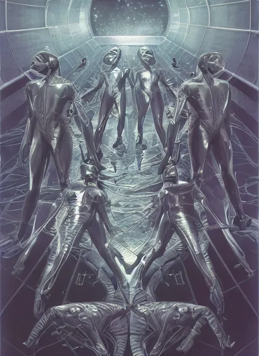Prompt: symmetrical astronauts in dark and empty void underwater - complex and hyperdetailed technical suit. reflection and dispersion materials. rays and dispersion of light. volumetric light. 5 0 mm, f / 3 2. noise film photo. flash photography. ultra realistic, wide angle. poster by wayne barlowe, hajime sorayama aaron horkey, craig mullins