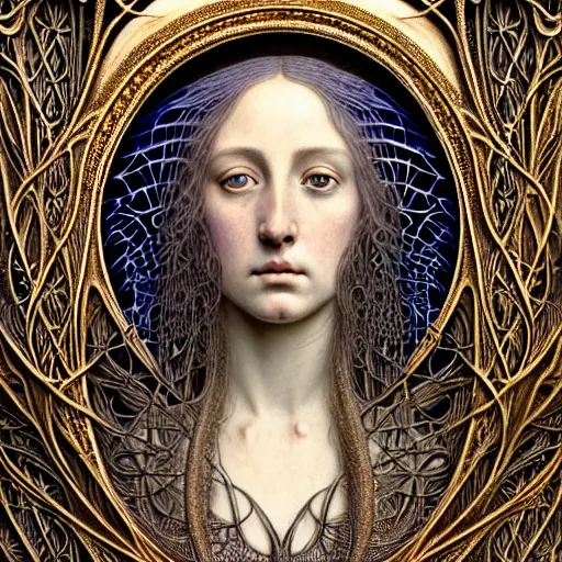 Image similar to detailed realistic beautiful young medieval queen face portrait by jean delville, gustave dore, iris van herpen and marco mazzoni, art forms of nature by ernst haeckel, art nouveau, symbolist, visionary, gothic, neo - gothic, pre - raphaelite, fractal lace, ai biodiversity, surreality, intricate hyper detailed ultra sharp octane render