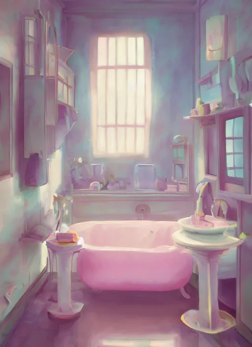 Image similar to placid pastel morning cute cluttered painterly fluffy tiny cramped bathroom trending on pixiv