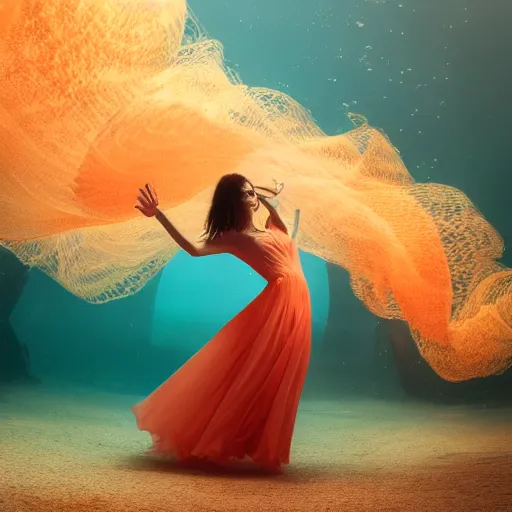 Prompt: woman dancing underwater wearing a long flowing dress made of yellow and red wire, coral sea bottom, swirling schools of silver fish, swirling smoke shapes, octane render, caustics lighting from above, cinematic, hyperdetailed