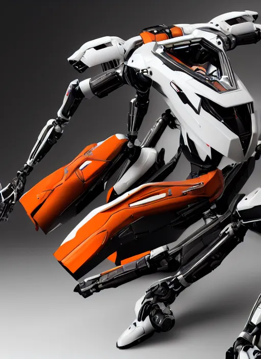 Image similar to a Photorealistic dramatic hyperrealistic full frame render of a Sleek futuristic exosuit Freedom Formula Racing Mech,Ultra realistic details,glossy white metal,Orange racing stripes,weathered surfaces,by Hidetaka Tenjin,Yoh Yoshinori,Yoji Shinkawa,Masamune Shirow,Beautiful dramatic dark moody tones and lighting,cinematic atmosphere,studio lighting,shadows,dark background, Octane render,8K