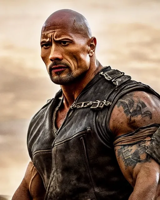 Image similar to film still close up shot of dwayne johnson as max rockatansky in the movie mad max. photographic, photography