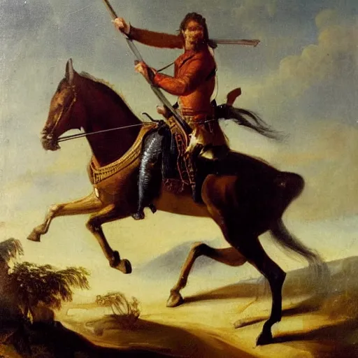 Prompt: portrait oil on canvas of a man mounted on horseback while raising a sword with his right hand pointing north, behind him in the vast distance 1 0 0 warriors can be seen fighting with swords and muskets, light, cloudy, mountains in the background,