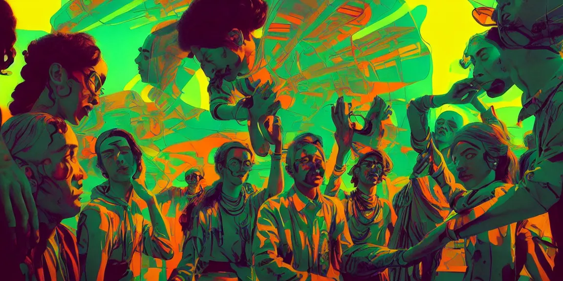 Image similar to duotone trippy 1 9 6 0 s lsd concept illustration of psychedelic hippy musicians. volumetric lighting. golden ratio accidental renaissance. by sachin teng and sergey kolesov and ruan jia and heng z. graffiti art, scifi, fantasy, hyper detailed. octane render. concept art. trending on artstation.