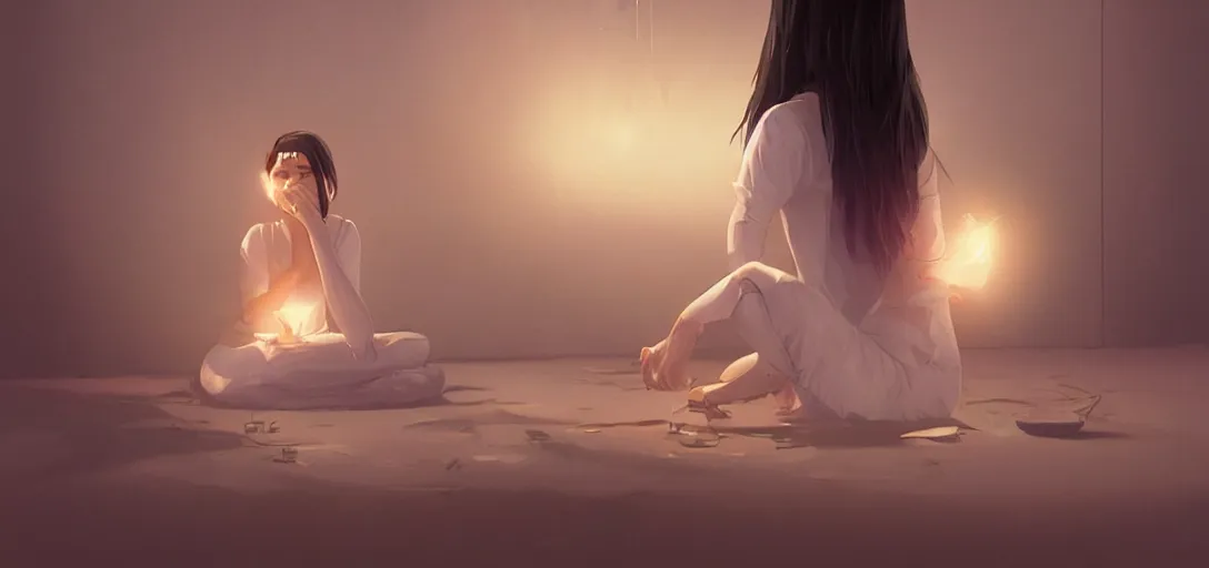 Image similar to Young Himalayan woman sitting concerned in an empty room with loneliness using psychic powers to make a lighter float| night time scene, plain walls |somber white eyes, long messy hair | gentle lighting, futuristic, dim lighting, digital art by Makoto Shinkai ilya kuvshinov and Wojtek Fus, digital art, concept art,