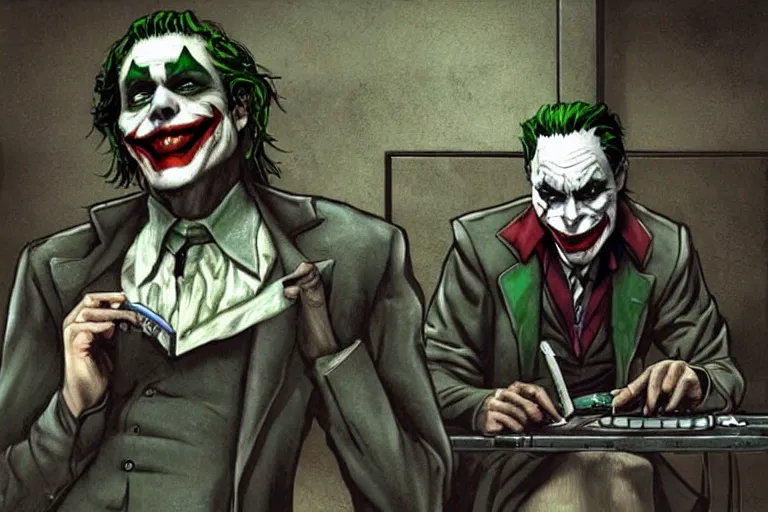 Image similar to a photo of the joker playing on a nintendo dsi in arkham asylum, photorealistic, dark cell background