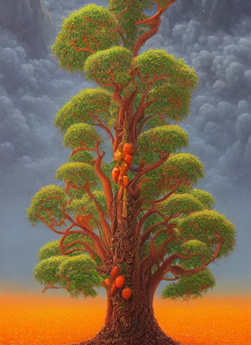 Prompt: ayahuma tree with orange fruits looking like an ent, art by christophe vacher