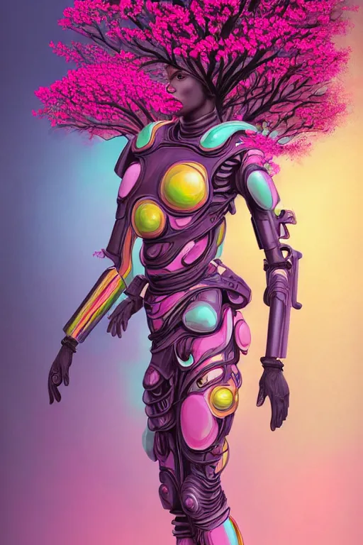 Prompt: illustration neoclassical cinematic super expressive! yoruba goddess with exoskeleton armor, merging with tree in a forest, pink yellow flowers, highly detailed digital art masterpiece, smooth etienne sandorfi eric zener dramatic pearlescent soft teal light, ground angle uhd 8 k, sharp focus