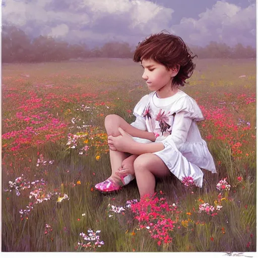 Prompt: a cute little girl with short curly brown hair sitting in a field of wildflowers, painting by artgerm and greg rutkowski and magali villanueve