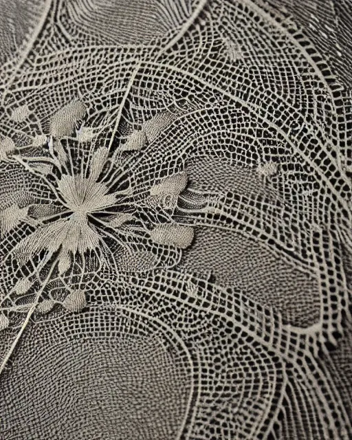 Prompt: close up of a retina, made of intricate decorative lace leaf skeleton, in the style of the dutch masters and gregory crewdson, dark and moody