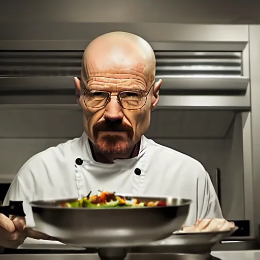 Prompt: Walter White cooking in a gourmet kitchen, photorealistic hd