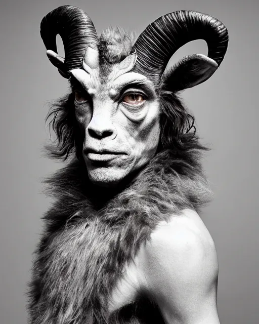 Prompt: actor Mick Jagger in Elaborate Pan Satyr Goat Man Makeup and prosthetics with large goat ears designed by Rick Baker, Hyperreal, Head Shots Photographed in the Style of Annie Leibovitz, Studio Lighting