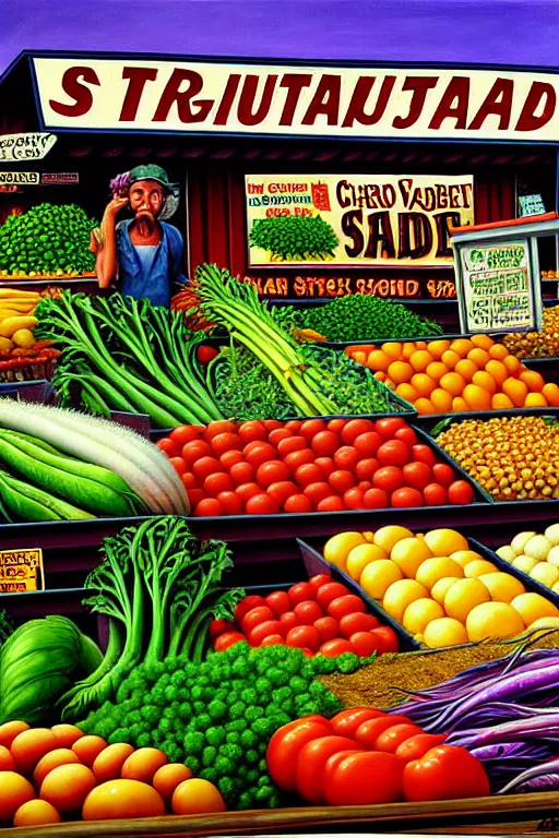 Image similar to a hyperrealistic painting of a roadside vegetable stand ran by mutant farmers. cinematic horror by jimmy alonzo, the art of skinner, chris cunningham, lisa frank, richard corben, highly detailed, vivid color,