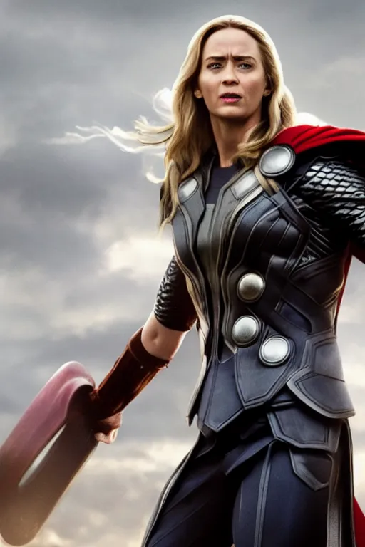 Prompt: emily blunt as thor in marvel movie